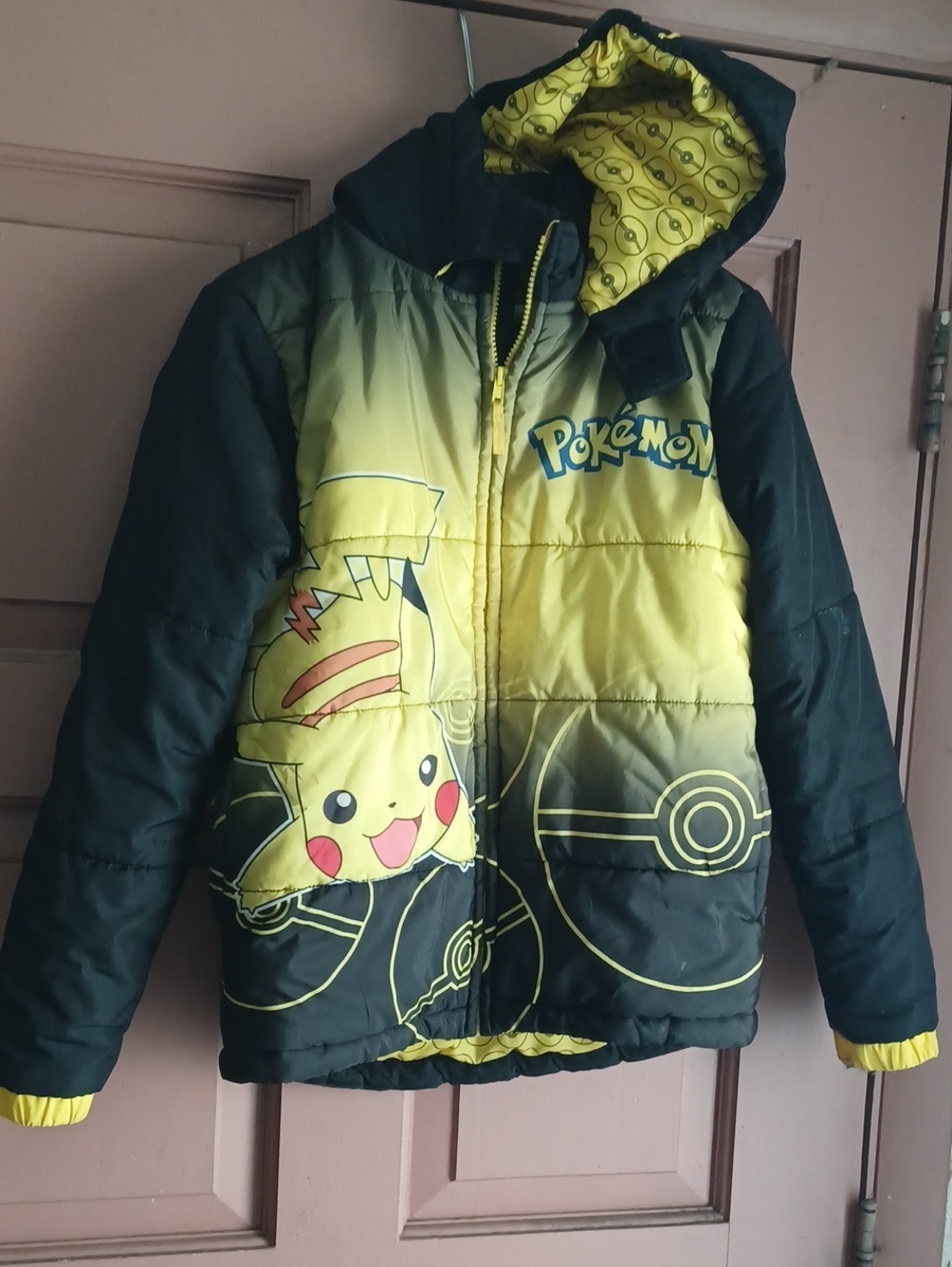 Pokemon Pikachu Yellow and Black Puffer Jacket Hoodie For Boys Size 10/12